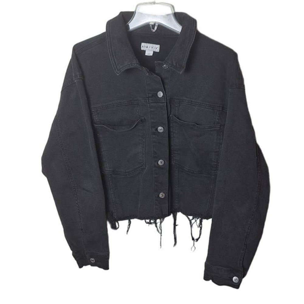 Ava & Viv Black Cropped Jean Jacket with Frayed Hem